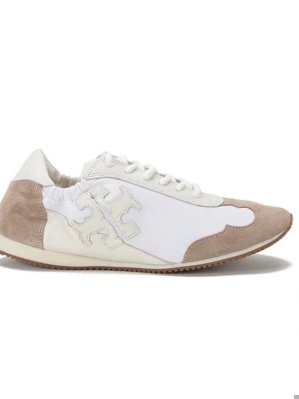 Tory Burch Women's White and Taupe Suede-Trim Fashion Sneaker Size 9